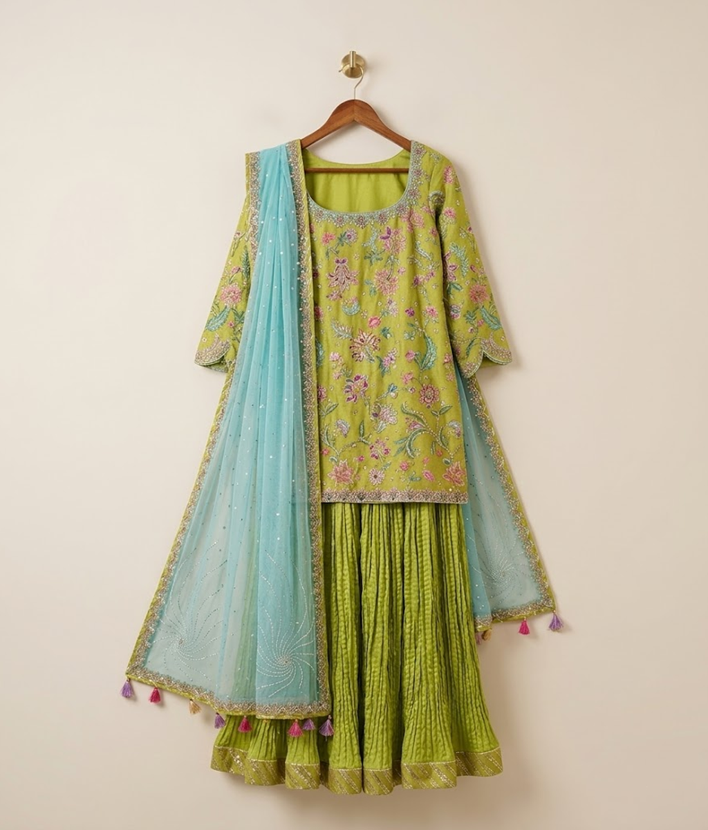Lime Green and Turquoise Zardozi & Resham Gharara