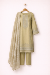 Lime lawn 3 piece with embroidered border and neckline
