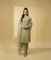 Lime lawn 3 piece with embroidered border and neckline