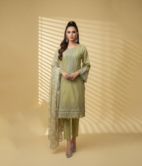 Lime lawn 3 piece with embroidered border and neckline