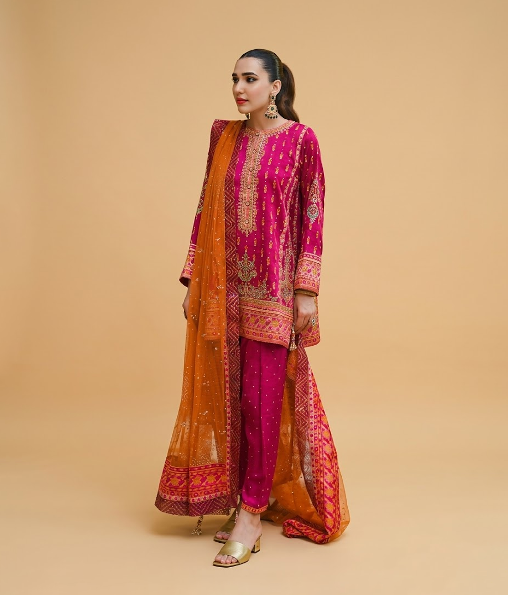 Magenta and Rust Orange Zari Worked Straight Trouser
