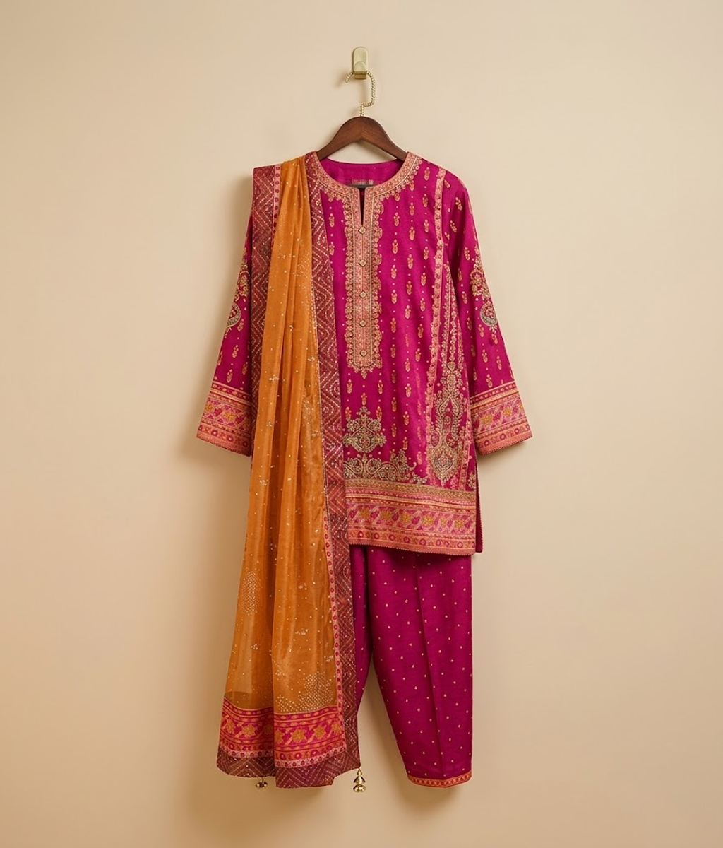 Magenta and Rust Orange Zari Worked Straight Trouser