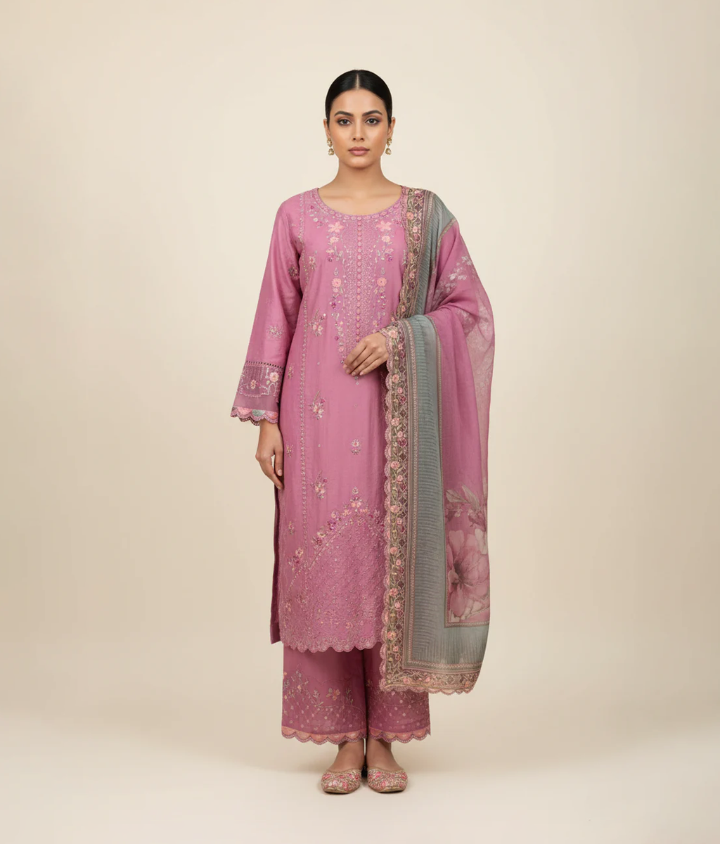 Magenta lawn 3 piece suit with embroidered border and printed dupatta