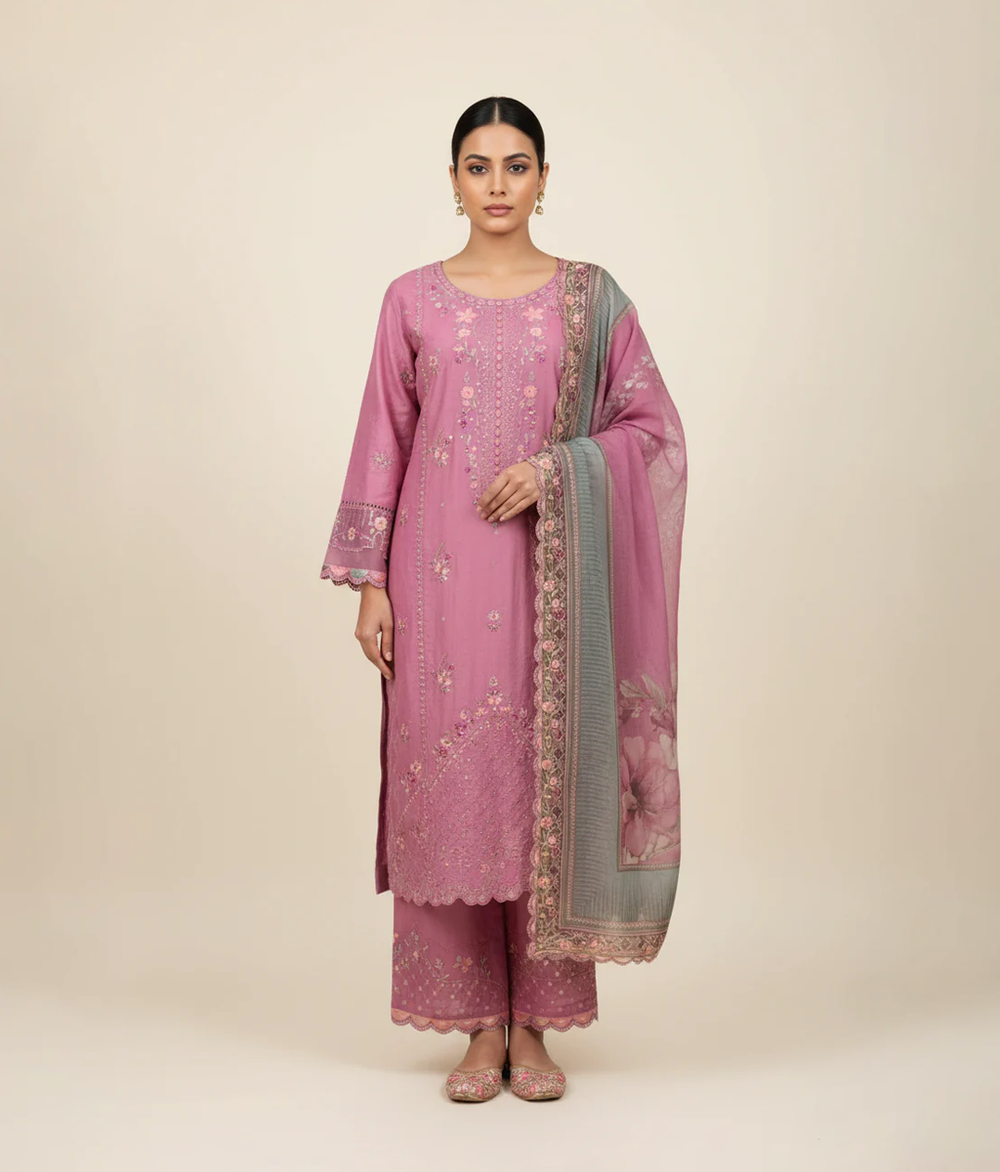 Magenta lawn 3 piece suit with embroidered border and printed dupatta