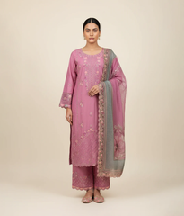 Magenta lawn 3 piece suit with embroidered border and printed dupatta