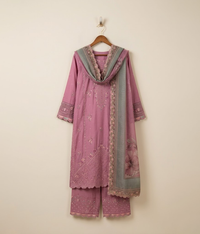 Magenta lawn 3 piece suit with embroidered border and printed dupatta