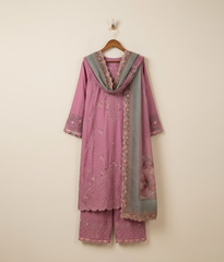 Magenta lawn 3 piece suit with embroidered border and printed dupatta