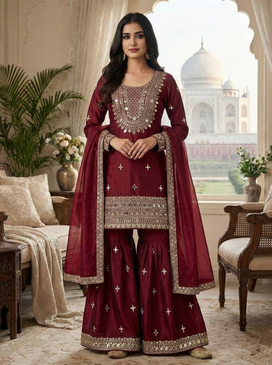 Maroon Mirror Work Gharara