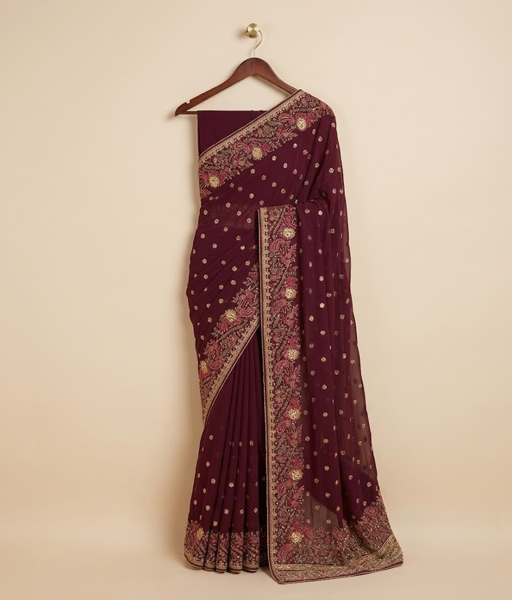 Maroon Butti & Zari Border Chiffon Saree