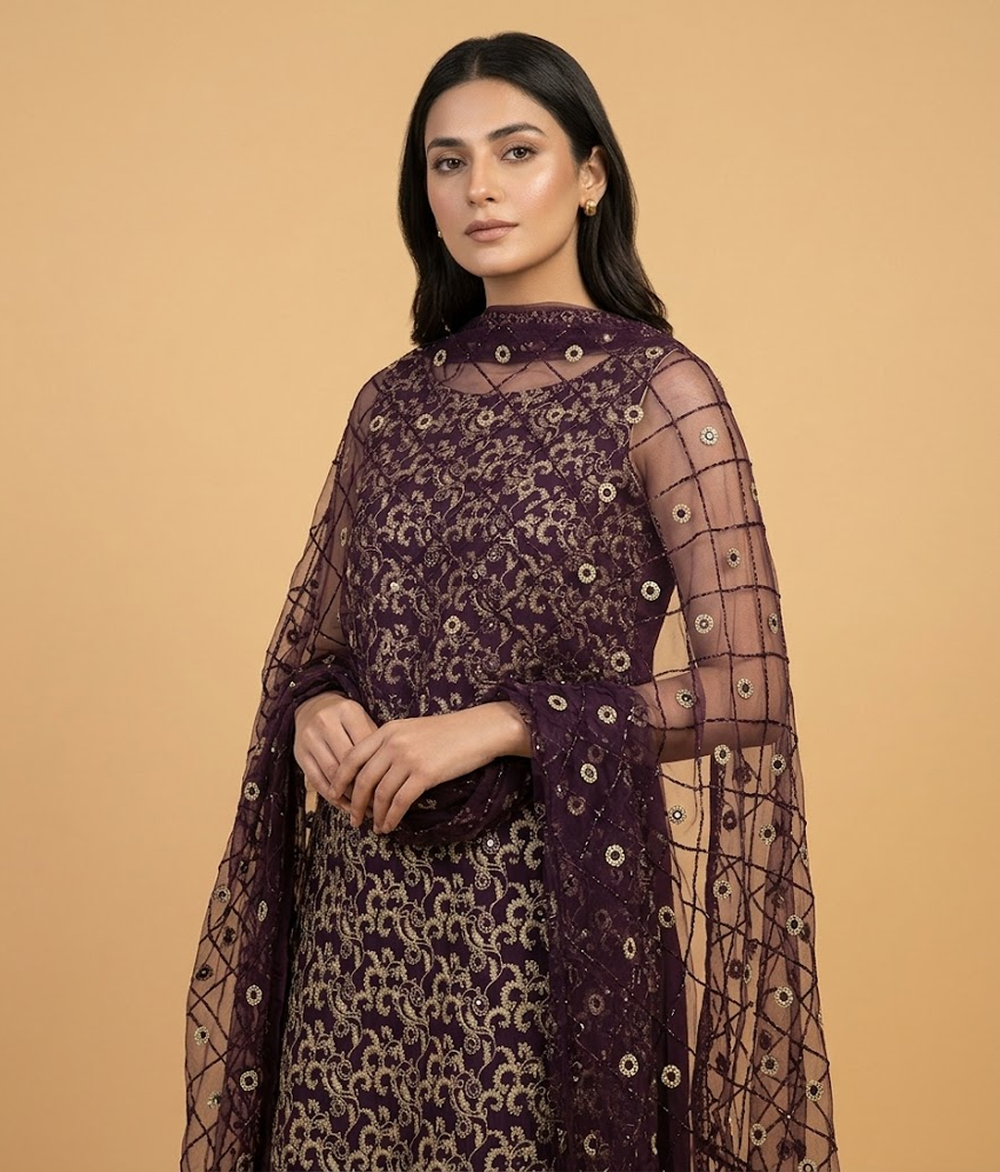 Maroon Chiffon 2 Piece Shirt and Dupatta