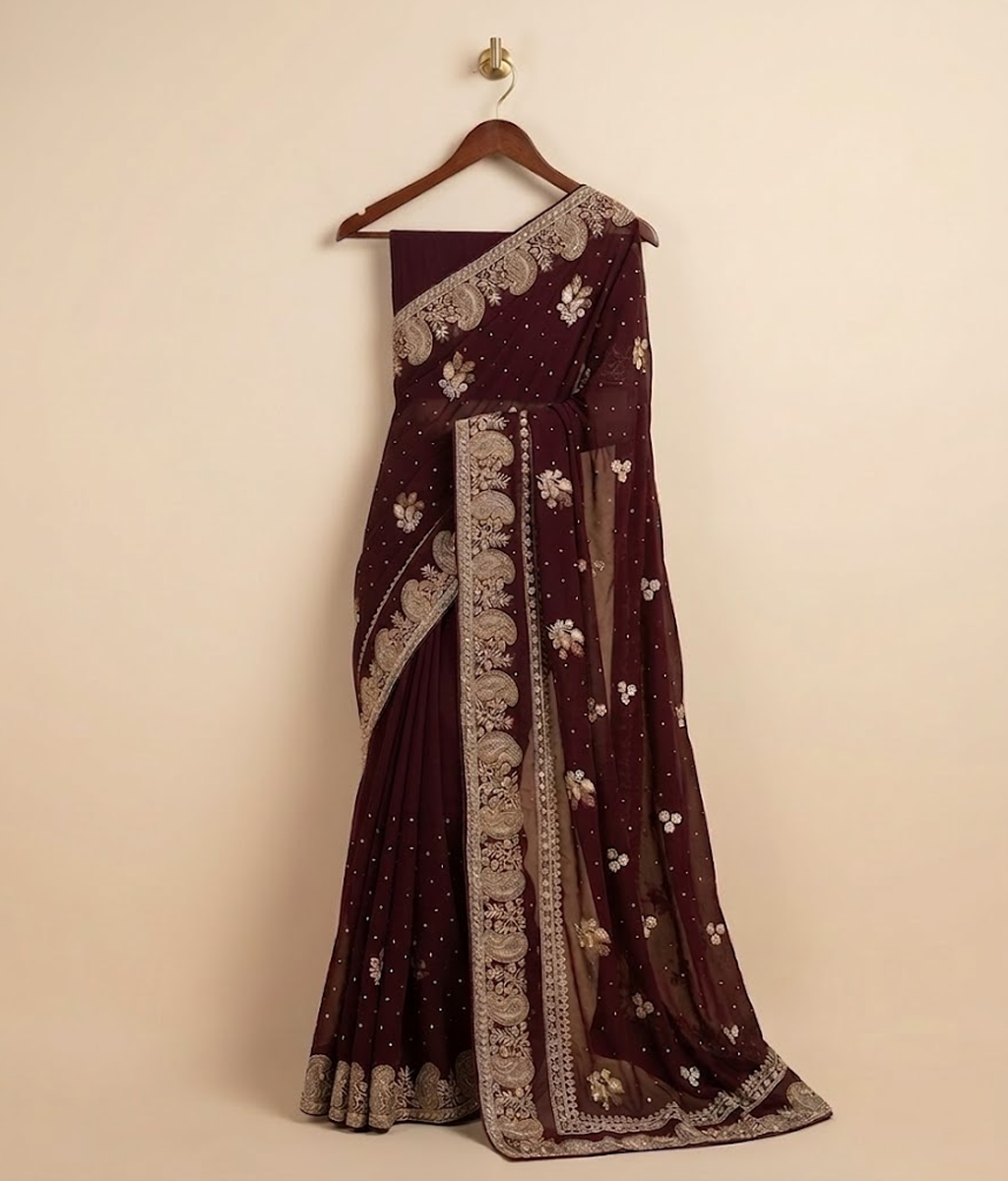 Maroon Chiffon Floral Vine Saree