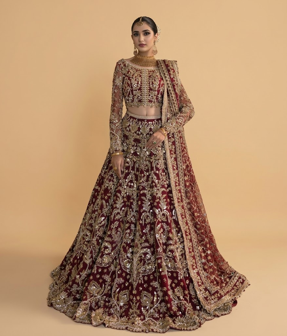 Maroon Dabka & Sequin Hand-Embellished Lehnga Choli