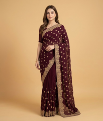 Maroon Hand-worked Gilded Chiffon Saree