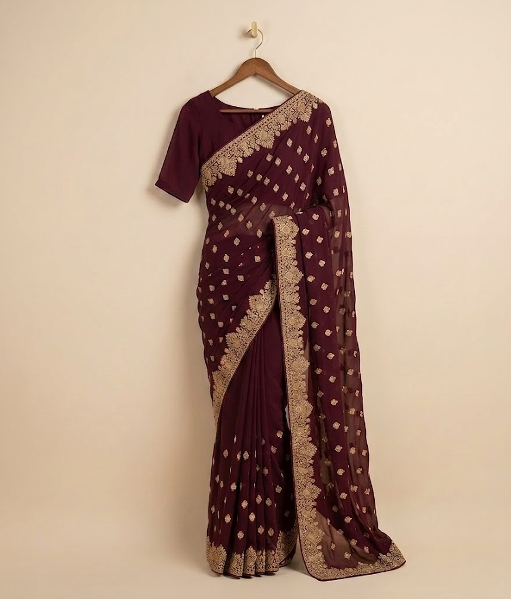 Maroon Hand-worked Gilded Chiffon Saree