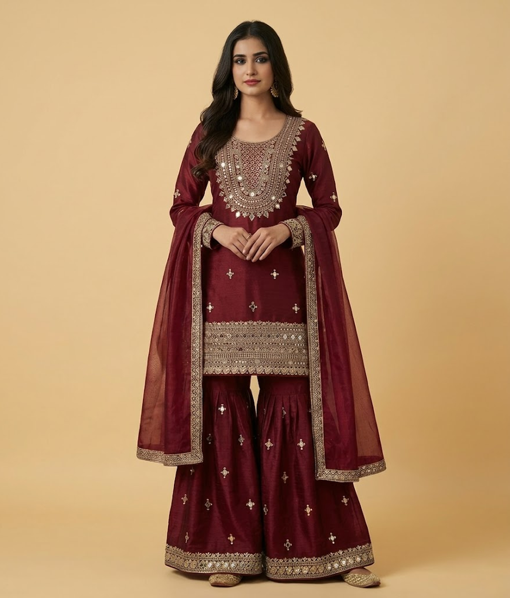 Maroon Mirror Work Gharara