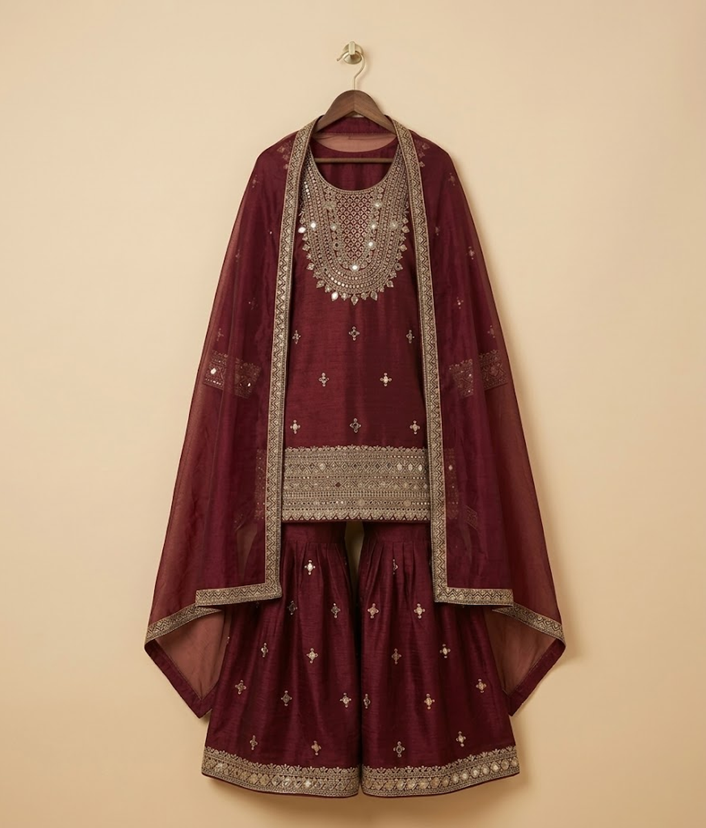 Maroon Mirror Work Gharara