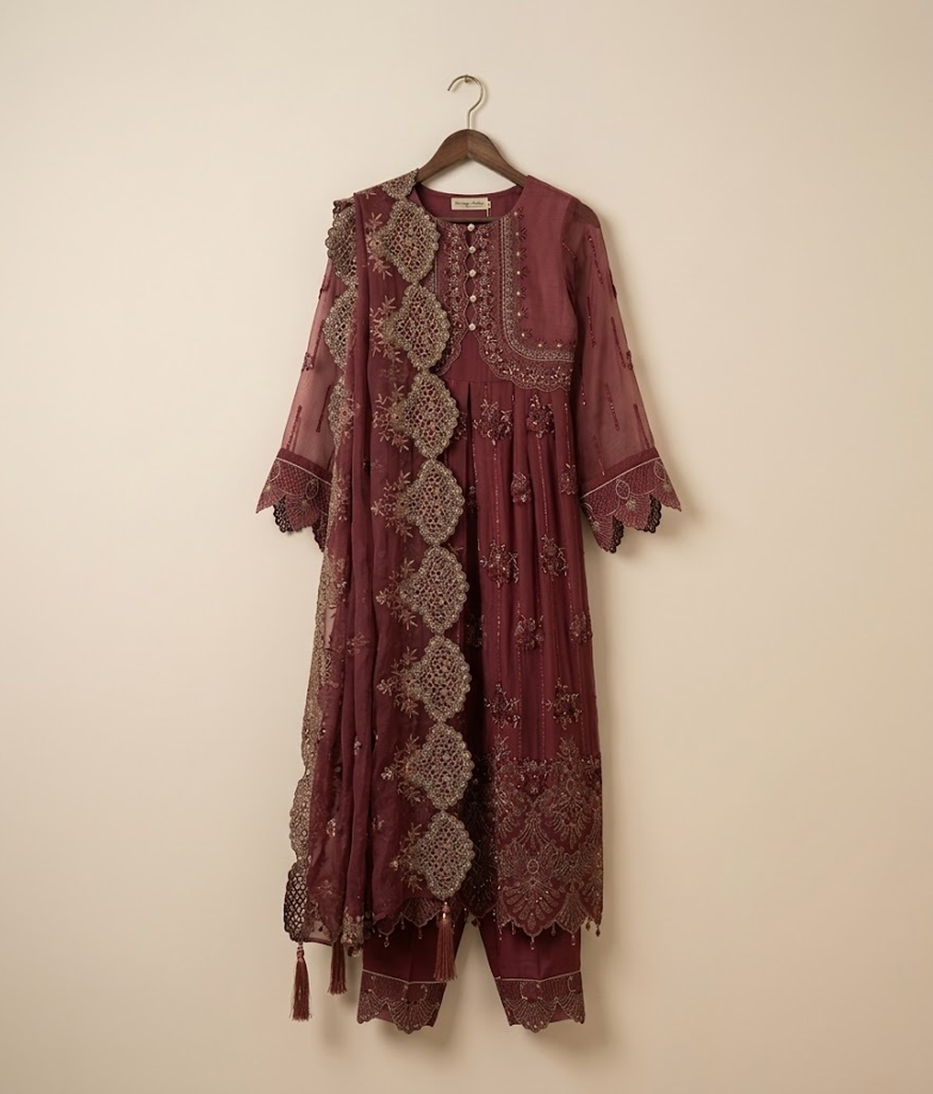 Maroon Scalloped Cutwork Pishwas