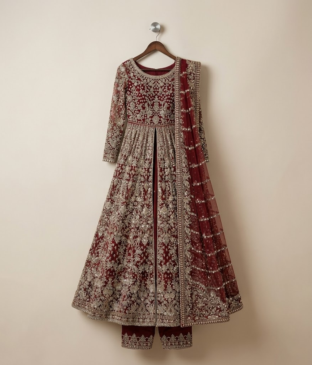 Maroon Vasli Front-Open Pishwas