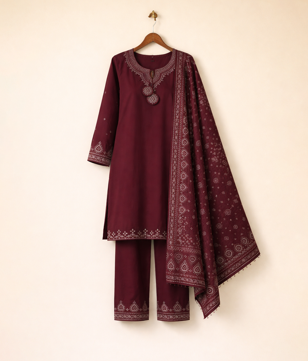 Maroon cotton 3 piece suit