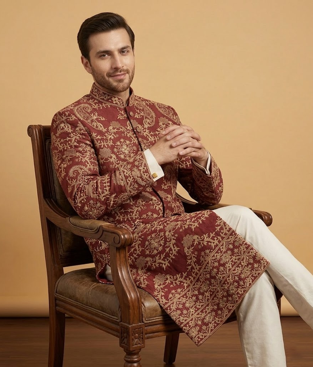 Maroon jamawar crest Dulha House