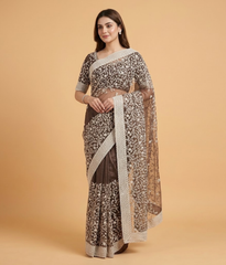 Mauve and silver Embroidered Jaal Net Saree