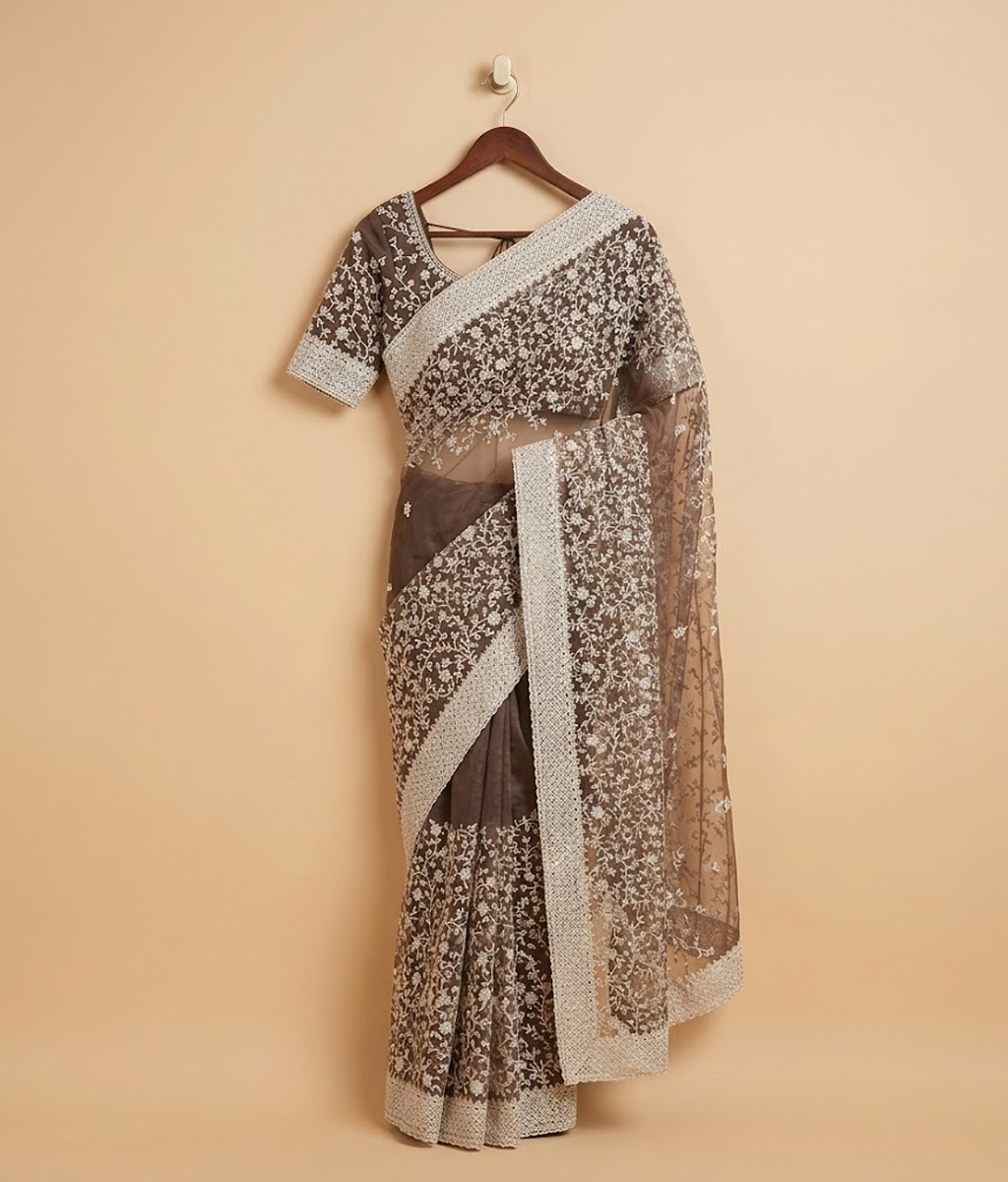 Mauve and silver Embroidered Jaal Net Saree