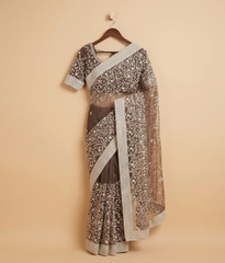 Mauve and silver Embroidered Jaal Net Saree