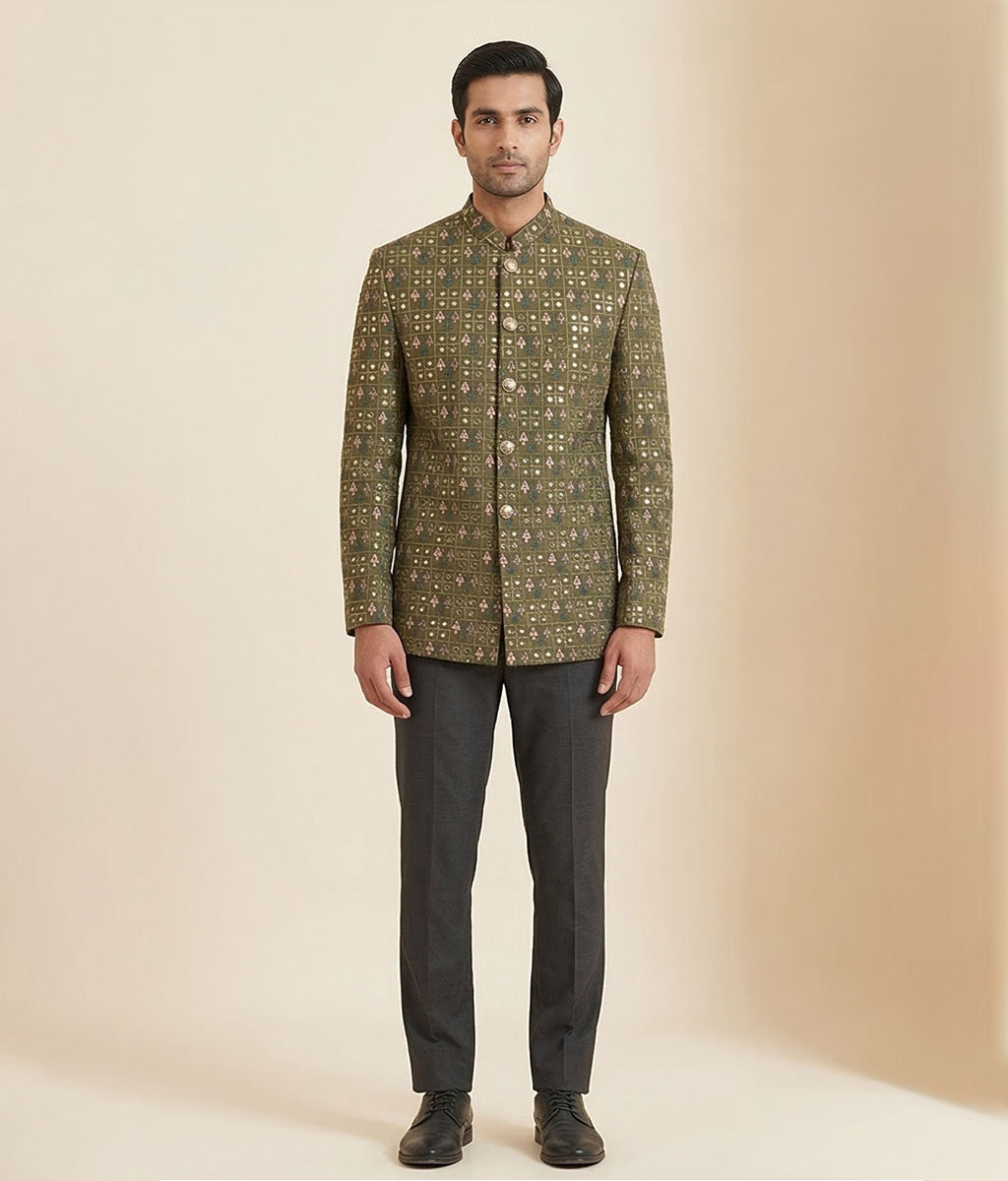 Mehndi Green Sheesha Work Raw Silk Prince Coat