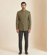 Mehndi Green Sheesha Work Raw Silk Prince Coat