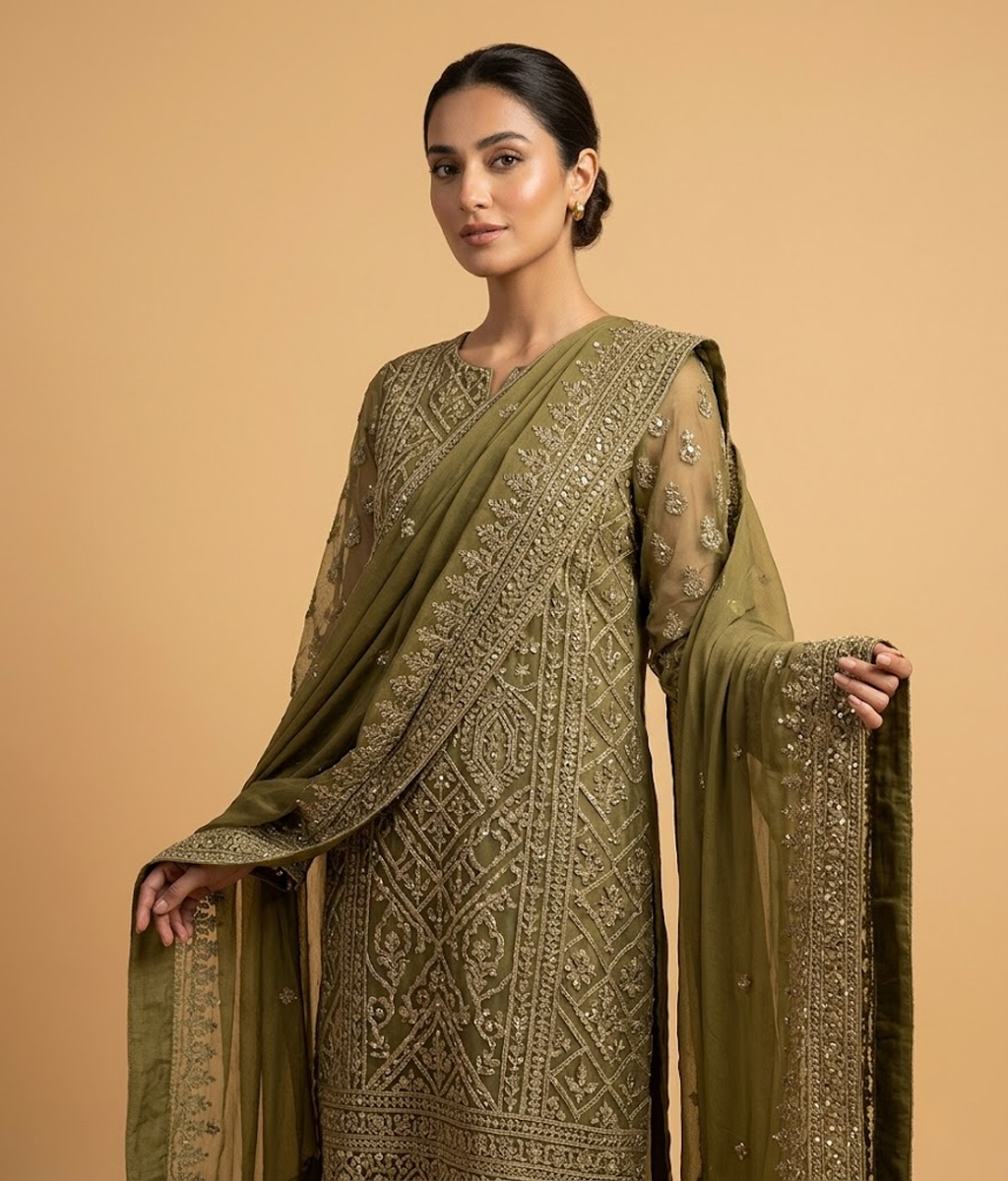 Mehndi green Lattice Jaal Chiffon 2 Piece