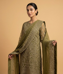 Mehndi green Lattice Jaal Chiffon 2 Piece
