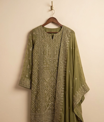 Mehndi green Lattice Jaal Chiffon 2 Piece