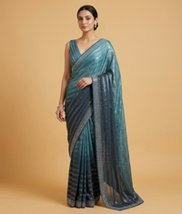 Metallic Blue Striped Sequin Saree
