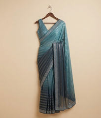 Metallic Blue Striped Sequin Saree