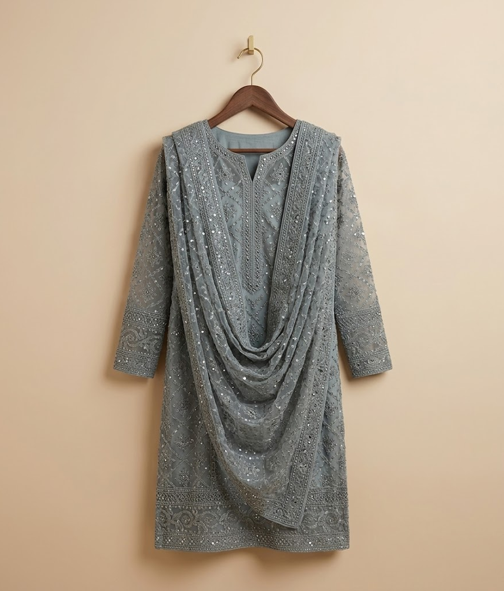 Metallic grey Raw Silk 2 Piece Shirt and Dupatta
