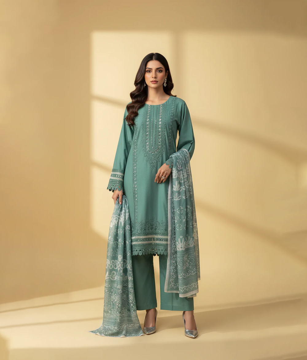 Mint Cotton Embroidered 3 Piece Suit