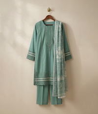 Mint Cotton Embroidered 3 Piece Suit