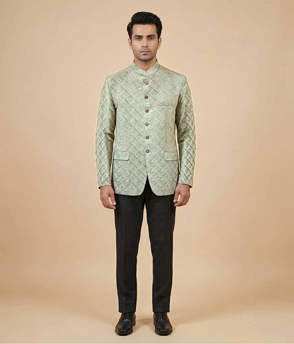 Mint Green Embroidered Raw Silk Prince Coat