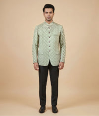 Mint Green Embroidered Raw Silk Prince Coat