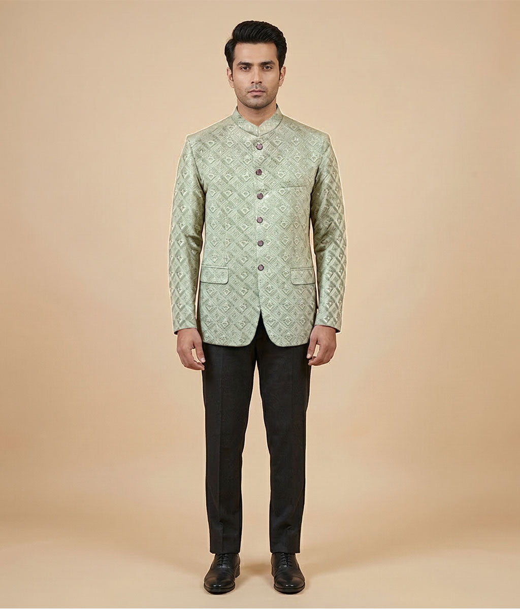 Mint Green Embroidered Raw Silk Prince Coat
