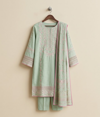 Mint embroidered shirt with trousers and cotton dupatta