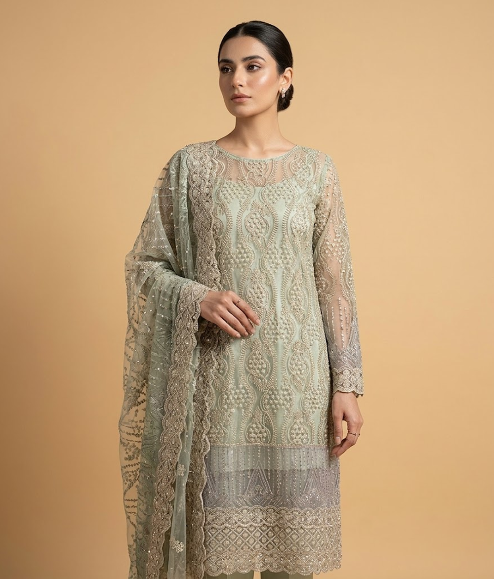 Mint green Cut Dana Net 2 Piece Shirt and Dupatta