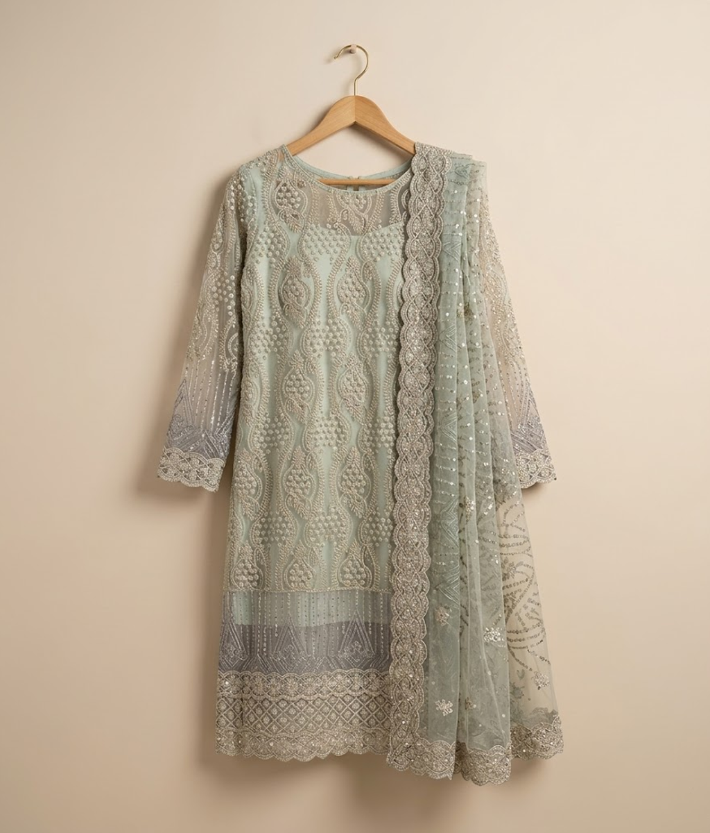 Mint green Cut Dana Net 2 Piece Shirt and Dupatta