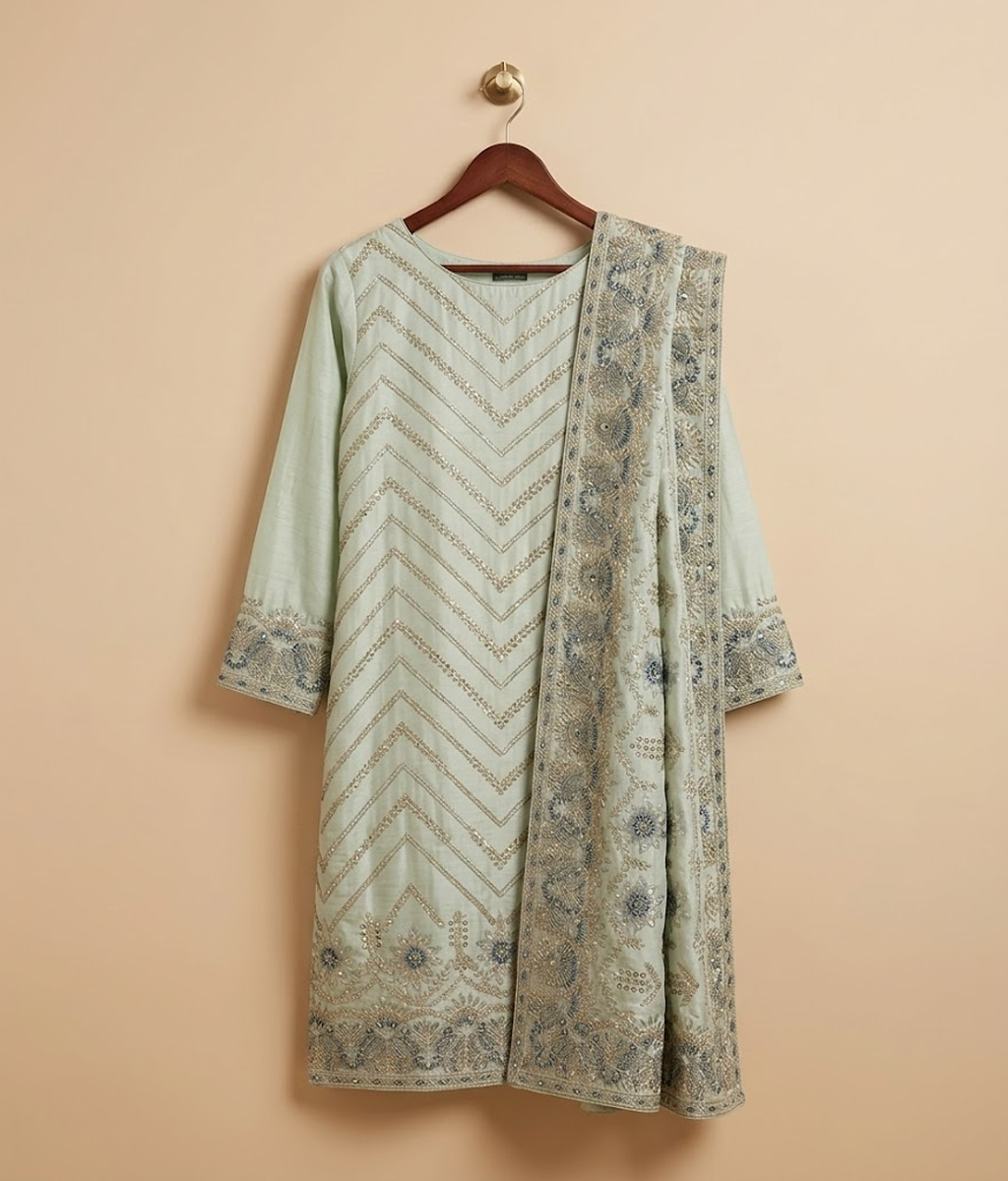 Mint green Raw Silk 2 Piece Shirt and Dupatta