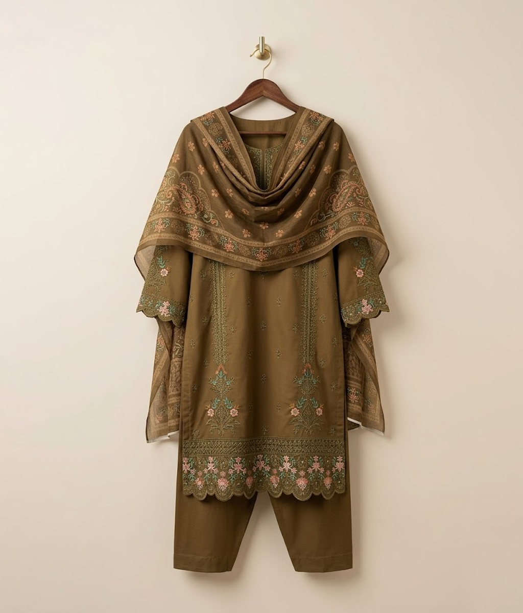 Mud cotton embroidered long shirt with trouser and dupatta