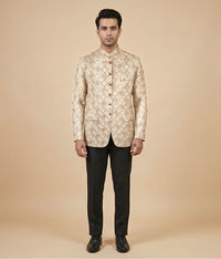 Muddy Brown Sequence Embroidered Raw Silk Prince Coat