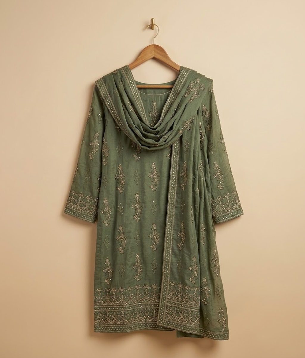 Muddy Green Chiffon 2 Piece Shirt and Dupatta