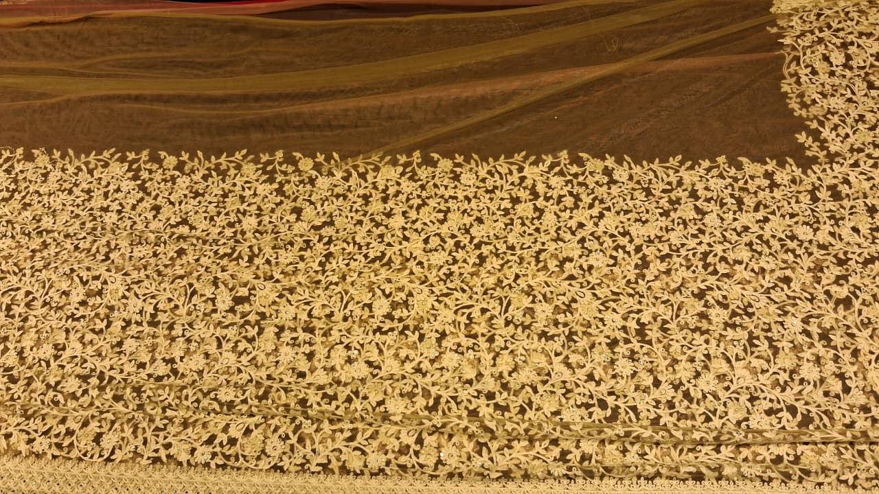 Mustard Embroidered Jaal Net Saree