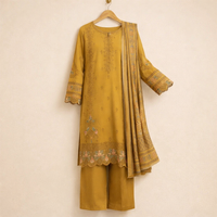 Mustard cotton 3 piece with embroidered border and sleeves
