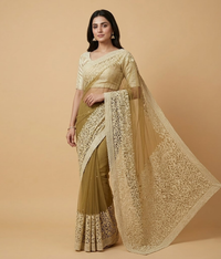 Mustard Embroidered Jaal Net Saree